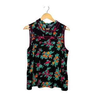 ModCloth Sleeveless Blouse Size XL Black Peach Print Collared Casual Artsy Fruit